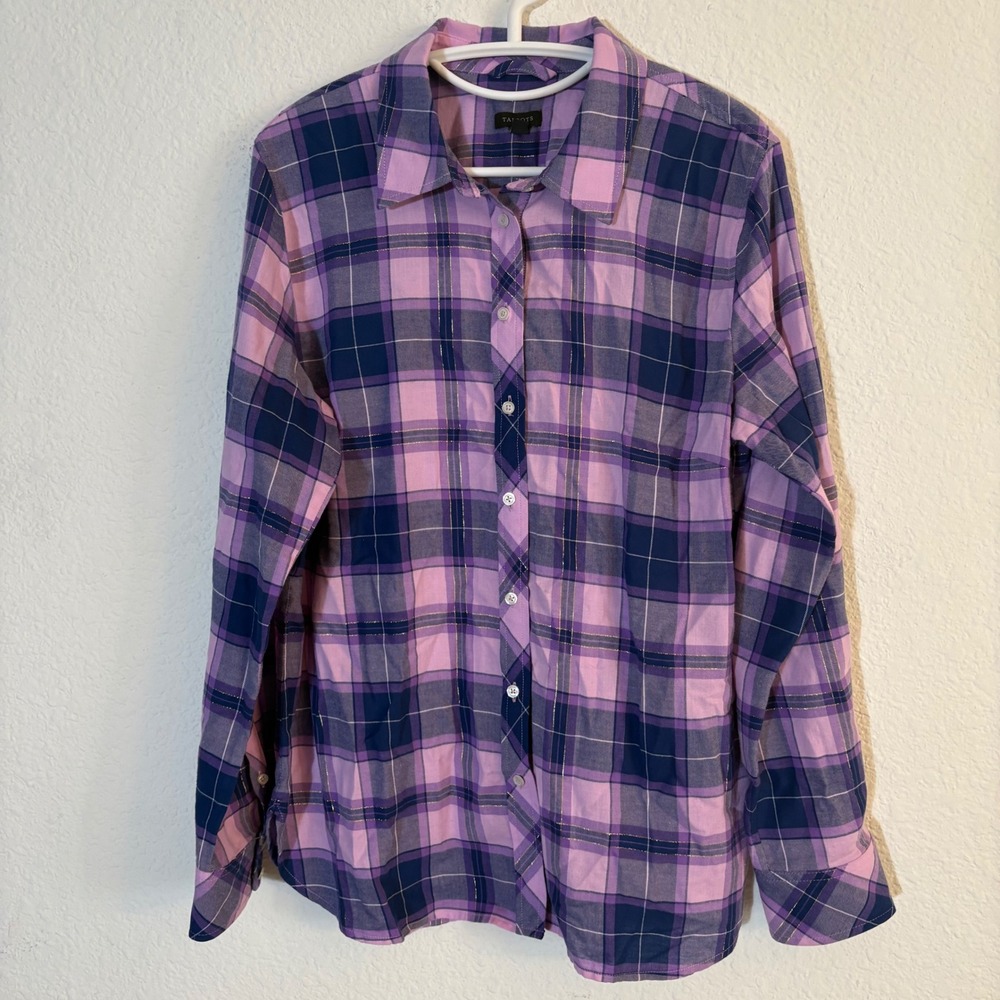 Talbots Plaid Button Down Shirt Womens Large Purple Navy Gold Metallic